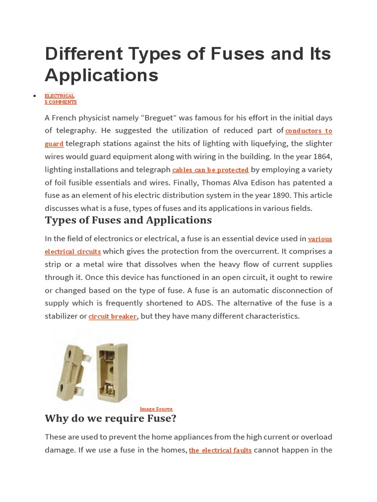 Different Types of Fuses and Its Applications PDF Fuse (Electrical