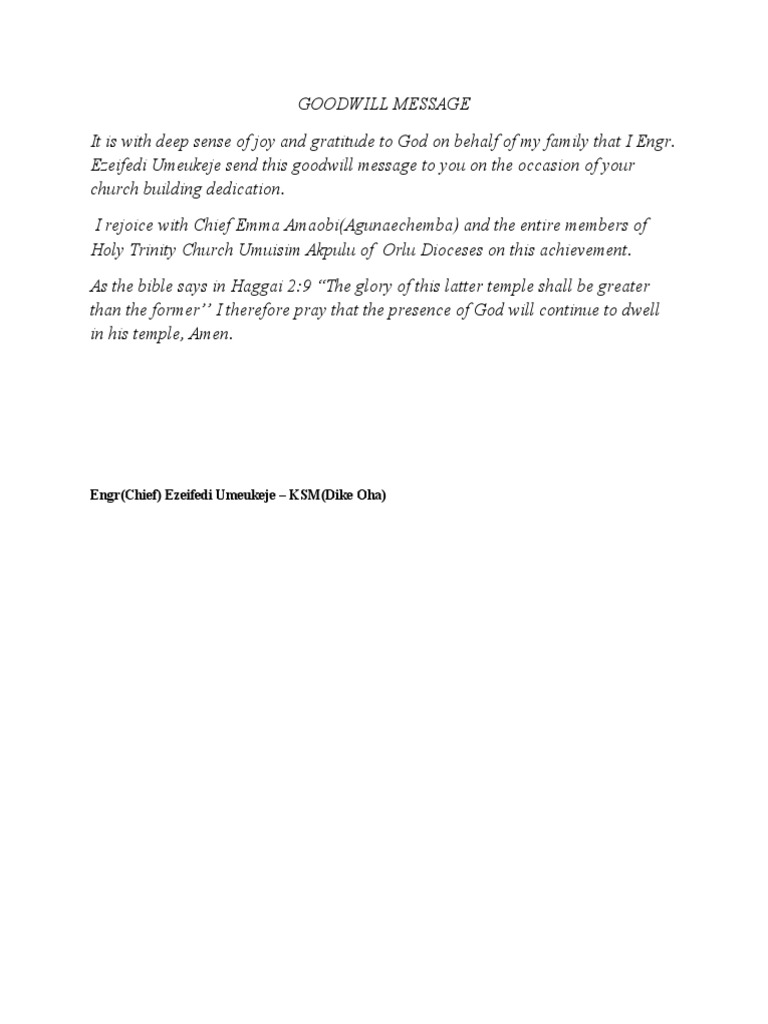 Goodwill Message for Church Dedication | PDF