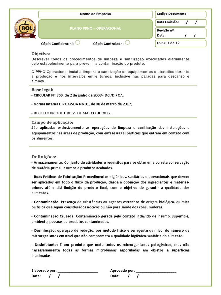 Plano de Higienização PPHO Operacional | PDF | Desinfetante | Desperdício