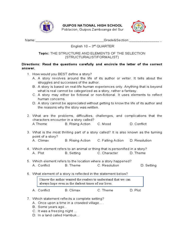 Elements and Structure of a Story Test | PDF | Plot (Narrative)