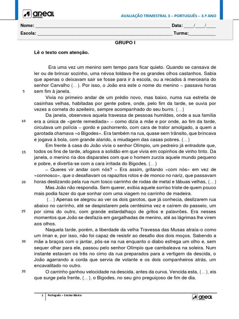 Avaliação de Português 3.º Ano: Trimestre 3 | PDF | Leão | Portugal