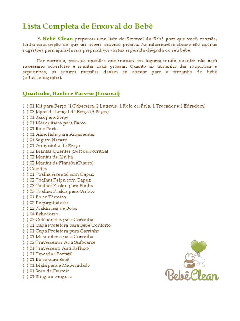 Lista Enxoval Bebe | Download grátis PDF | Cuidados infantis | Infância