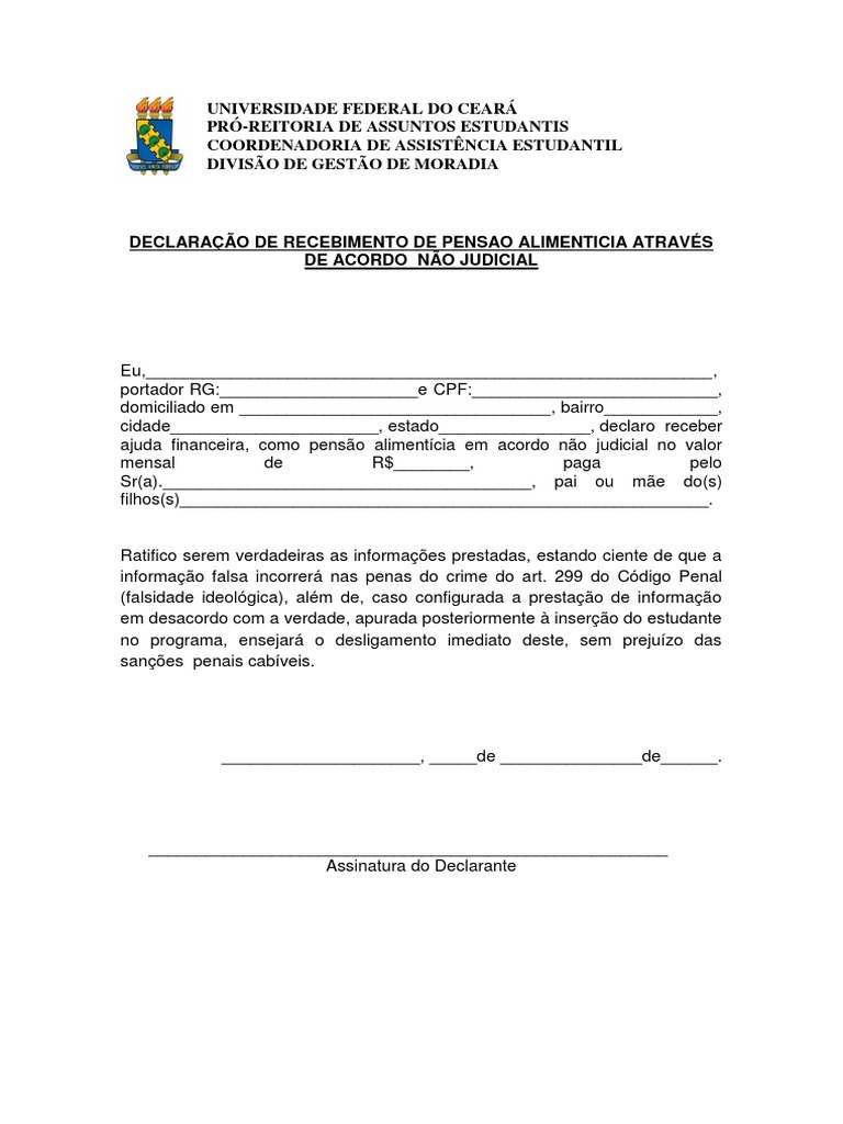 Declaração de Recebimento de Pensão Alimentícia | PDF