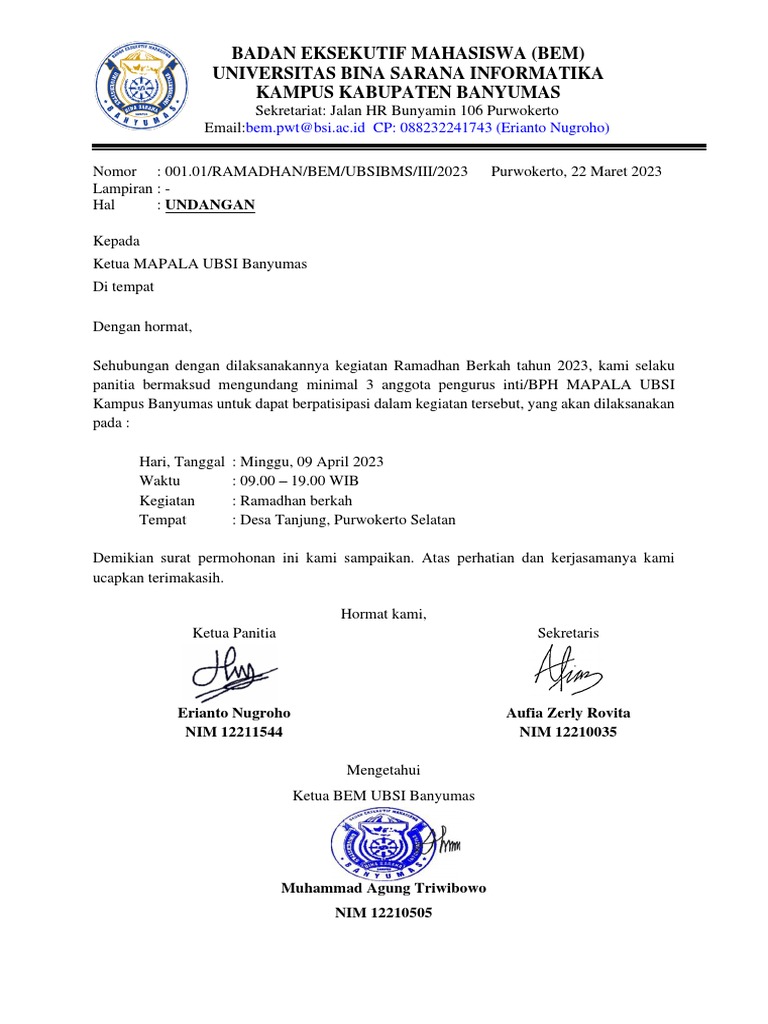 Surat Undangan Ramadhan HIMSI, HTMK, MAPALA, SENI | PDF