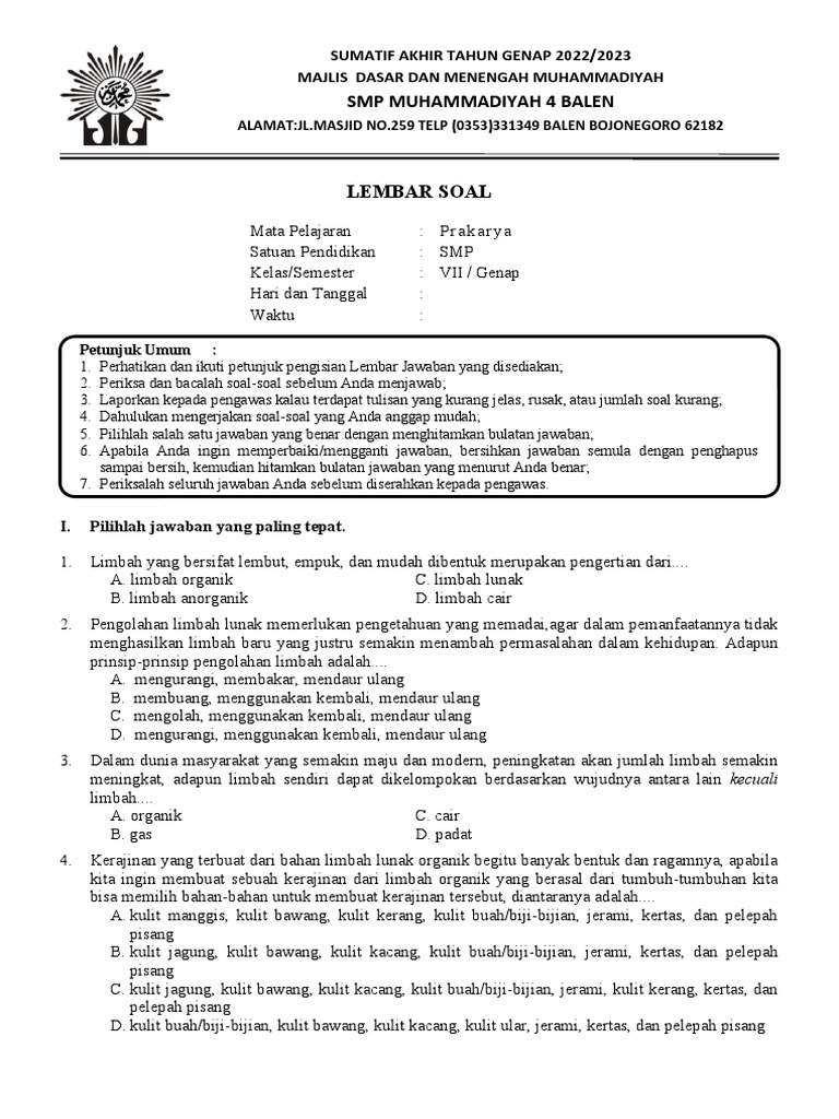 <p>Berikut adalah artikel tentang contoh soal PAT kelas 7 semester 2 Prakarya, dengan panjang sekitar 1.200 kata, ditulis dengan outline yang jelas, spasi yang diperhatikan, dan output tulisan yang rapi.</p>
<p>” title=”</p>
<p>Berikut adalah artikel tentang contoh soal PAT kelas 7 semester 2 Prakarya, dengan panjang sekitar 1.200 kata, ditulis dengan outline yang jelas, spasi yang diperhatikan, dan output tulisan yang rapi.</p>
<p>“></p>
<ol>
<li>
<p><strong>Pendahuluan: Pentingnya PAT Prakarya dan Ruang Lingkup Materi</strong></p>
<ul>
<li>Tujuan PAT Prakarya</li>
<li>Cakupan materi semester 2 (umumnya mencakup Kerajinan, Rekayasa, Budidaya, dan Pengolahan)</li>
</ul>
</li>
<li>
<p><strong>Contoh Soal Pilihan Ganda Beserta Pembahasannya</strong></p>
<ul>
<li>Kategori Kerajinan (misal: Kerajinan Bahan Keras Alami dan Buatan)</li>
<li>Kategori Rekayasa (misal: Sistem Kelistrikan Sederhana, Mekanik Sederhana)</li>
<li>Kategori Budidaya (misal: Tanaman Pangan, Ternak Kesayangan)</li>
<li>Kategori Pengolahan (misal: Pengolahan Bahan Pangan Nabati dan Hewani)</li>
</ul>
</li>
<li>
<p><strong>Contoh Soal Uraian Singkat Beserta Pembahasannya</strong></p>
<ul>
<li>Menjelaskan proses atau tahapan</li>
<li>Mengidentifikasi alat dan bahan</li>
<li>Menjelaskan fungsi atau kegunaan</li>
</ul>
</li>
<li>
<p><strong>Contoh Soal Uraian Panjang Beserta Pembahasannya</strong></p>
<ul>
<li>Merancang atau mendeskripsikan sebuah proyek sederhana</li>
<li>Menganalisis sebuah produk kerajinan atau rekayasa</li>
<li>Menjelaskan langkah-langkah lengkap sebuah kegiatan budidaya atau pengolahan</li>
</ul>
</li>
<li>
<p><strong>Tips Menghadapi PAT Prakarya</strong></p>
<ul>
<li>Mempelajari materi secara komprehensif</li>
<li>Memahami konsep dasar setiap topik</li>
<li>Latihan soal secara rutin</li>
<li>Memperhatikan instruksi soal</li>
<li>Manajemen waktu saat ujian</li>
</ul>
</li>
<li>
<p><strong>Penutup: Optimisme Menghadapi PAT</strong></p>
</li>
</ol>
<p><strong>1. Pendahuluan: Pentingnya PAT Prakarya dan Ruang Lingkup Materi</strong></p>
<p>Penilaian Akhir Tahun (PAT) mata pelajaran Prakarya bukan sekadar ajang mengukur nilai, melainkan sebuah evaluasi menyeluruh terhadap kemampuan siswa dalam mengaplikasikan pengetahuan dan keterampilan yang diperoleh selama satu tahun ajaran. Mata pelajaran ini sangat unik karena menggabungkan teori dan praktik, mendorong siswa untuk berpikir kreatif, inovatif, dan mandiri.</p>
<p>Secara umum, materi Prakarya kelas 7 semester 2 mencakup empat bidang utama, yaitu:</p>
<ul>
<li><strong>Kerajinan:</strong> Mempelajari berbagai jenis kerajinan, bahan yang digunakan (alami dan buatan), teknik pembuatan, serta prinsip desain. Siswa diharapkan mampu membuat karya kerajinan sederhana yang memiliki nilai estetika dan fungsional.</li>
<li><strong>Rekayasa:</strong> Mengenal konsep dasar rekayasa, seperti sistem mekanik sederhana, sistem kelistrikan sederhana, atau prinsip kerja alat-alat teknologi sederhana. Siswa diajak untuk memahami bagaimana suatu benda atau sistem bekerja.</li>
<li><strong>Budidaya:</strong> Mempelajari dasar-dasar budidaya tanaman pangan, sayuran, buah-buahan, atau bahkan ternak kesayangan. Siswa memahami siklus hidup, kebutuhan, dan cara perawatan.</li>
<li><strong>Pengolahan:</strong> Mempelajari teknik pengolahan bahan pangan nabati dan hewani menjadi produk yang bernilai tambah. Siswa memahami jenis bahan, metode pengolahan, dan cara penyajian.</li>
</ul>
<div style=