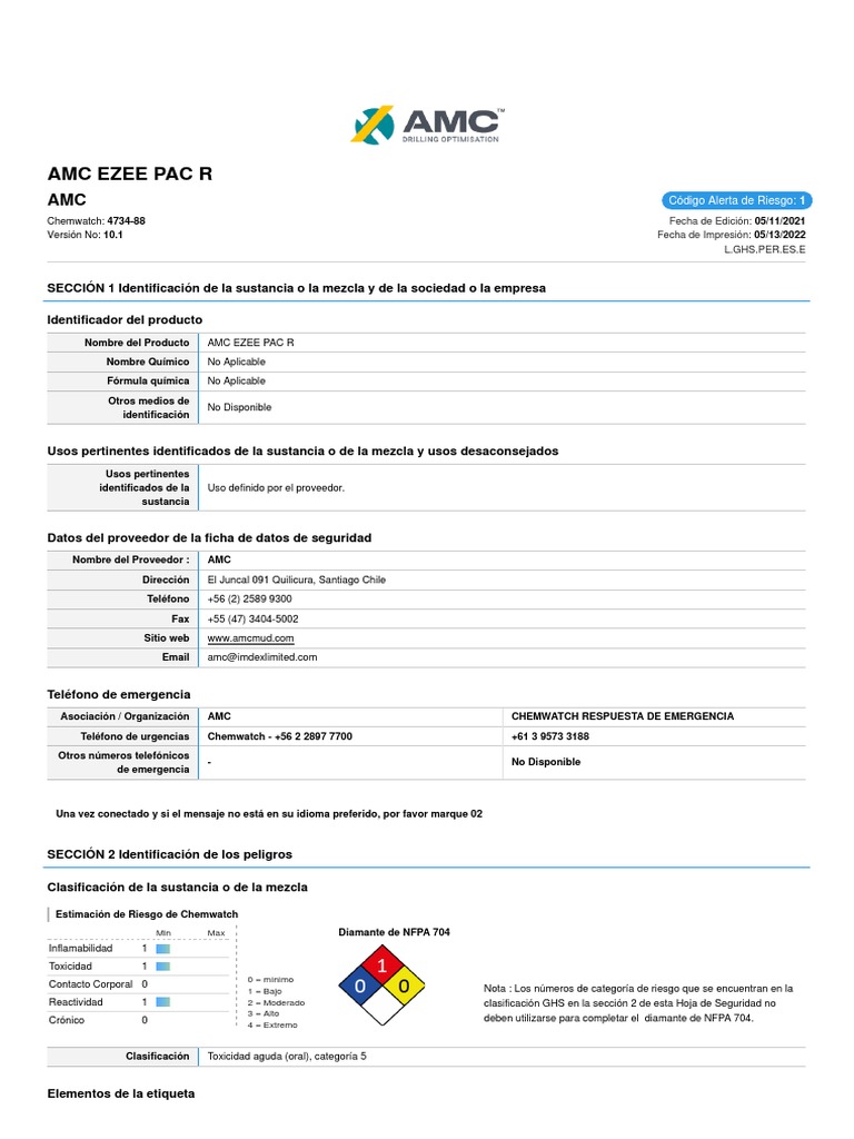 Ficha de Seguridad AMC EZEE PAC R | PDF | Agua | Toxicología