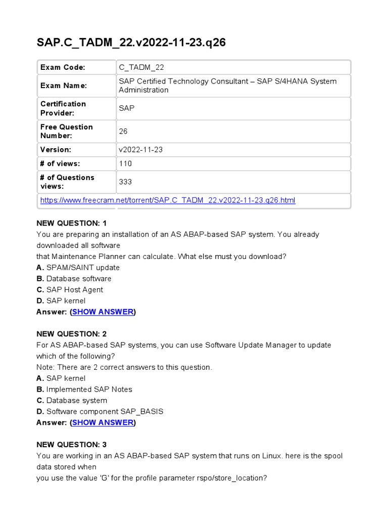 SAP C_TADM_22 Exam Overview and Questions | PDF