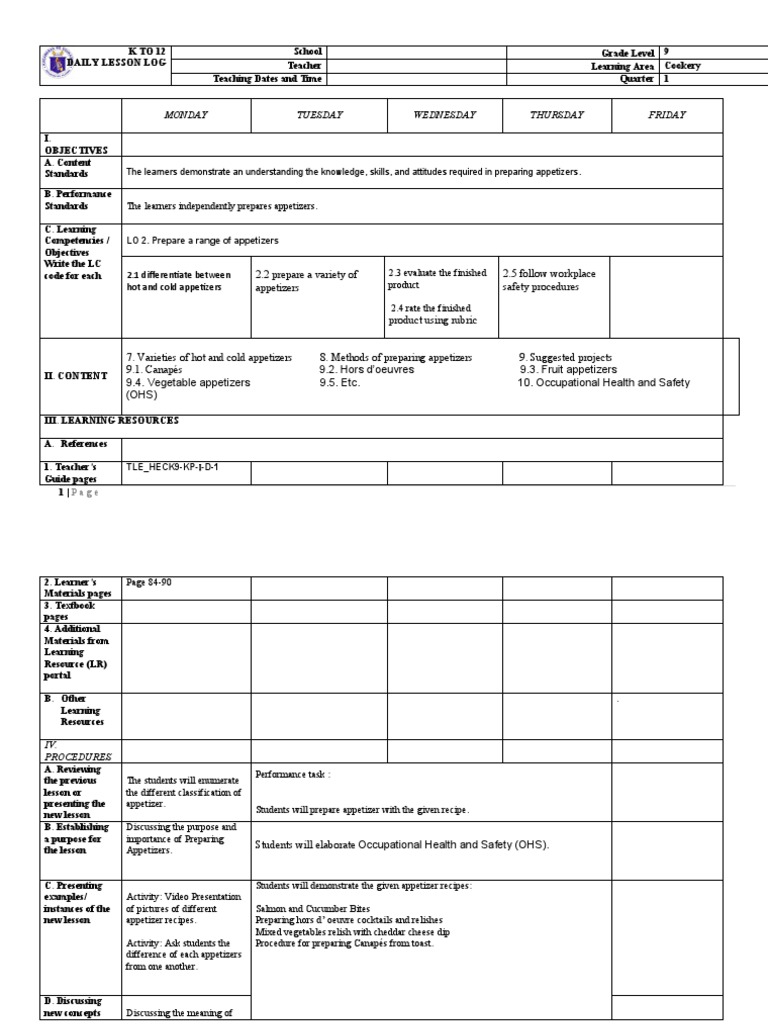 Cookery 9: Appetizers Lesson Plan | PDF | Hors D'oeuvre | Teaching