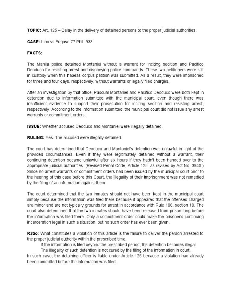 24 art 125 lino vs fugoso 77 phil 933 case digest pdf detention