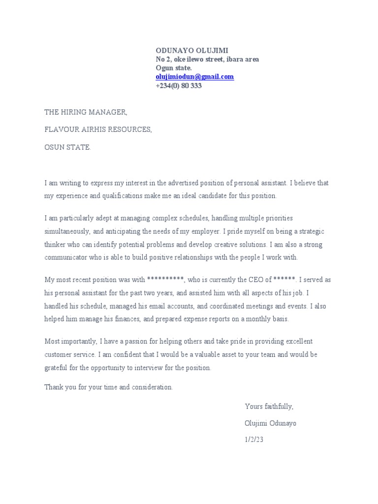 Personal Assistant Application Letter | PDF