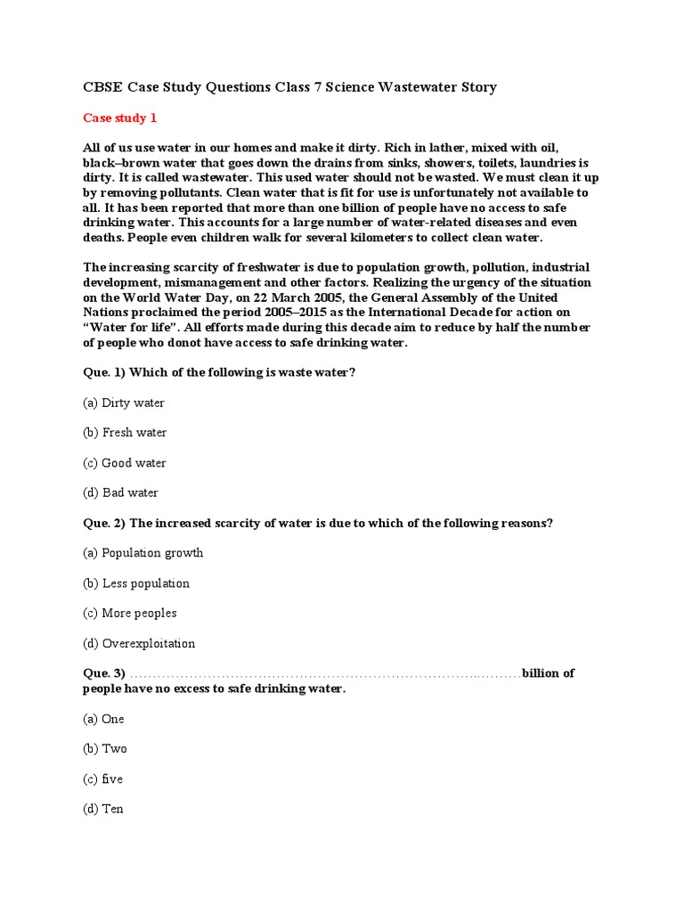 CBSE Case Study Questions Class 7 Science Wastewater Story | PDF ...