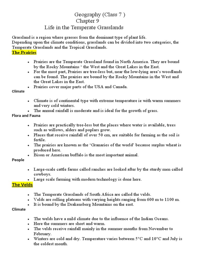 Life in The Temperate Grasslands Class 7 Notes Geography Chapter 9