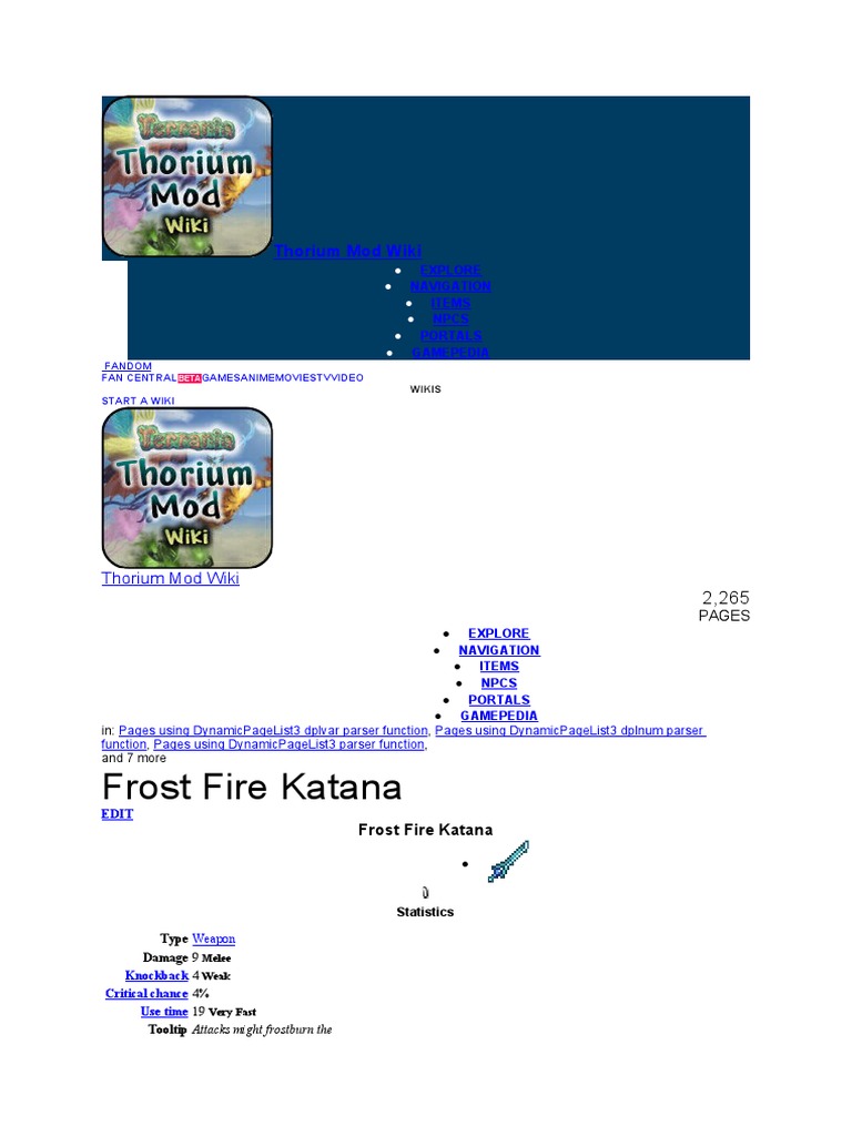Thorium Mod: Frost Fire Katana Guide | PDF | Melee Weapons | Blade Weapons