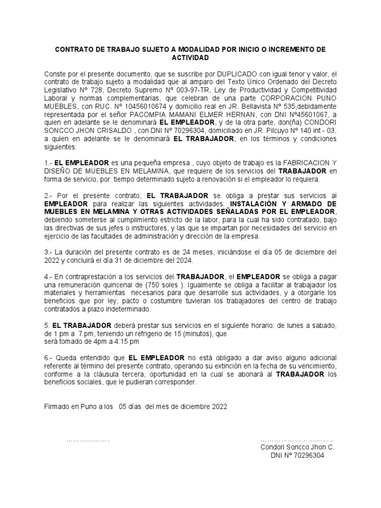 Contrato de Trabajo por Modalidad Laboral | PDF | Derecho laboral | Salario