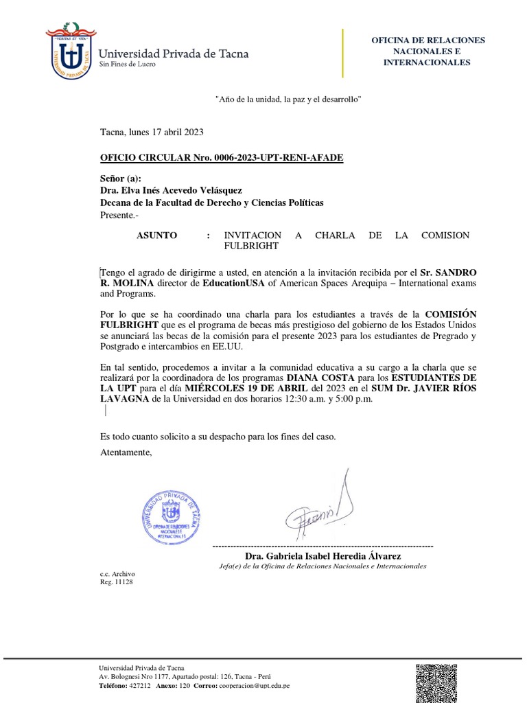 OFICIO CIRCULAR Nro. 0006-2023-UPT-RENI-AFADE | PDF