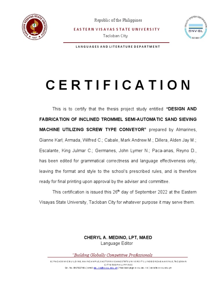 Thesis Certification: Sand Sieving Machine | PDF
