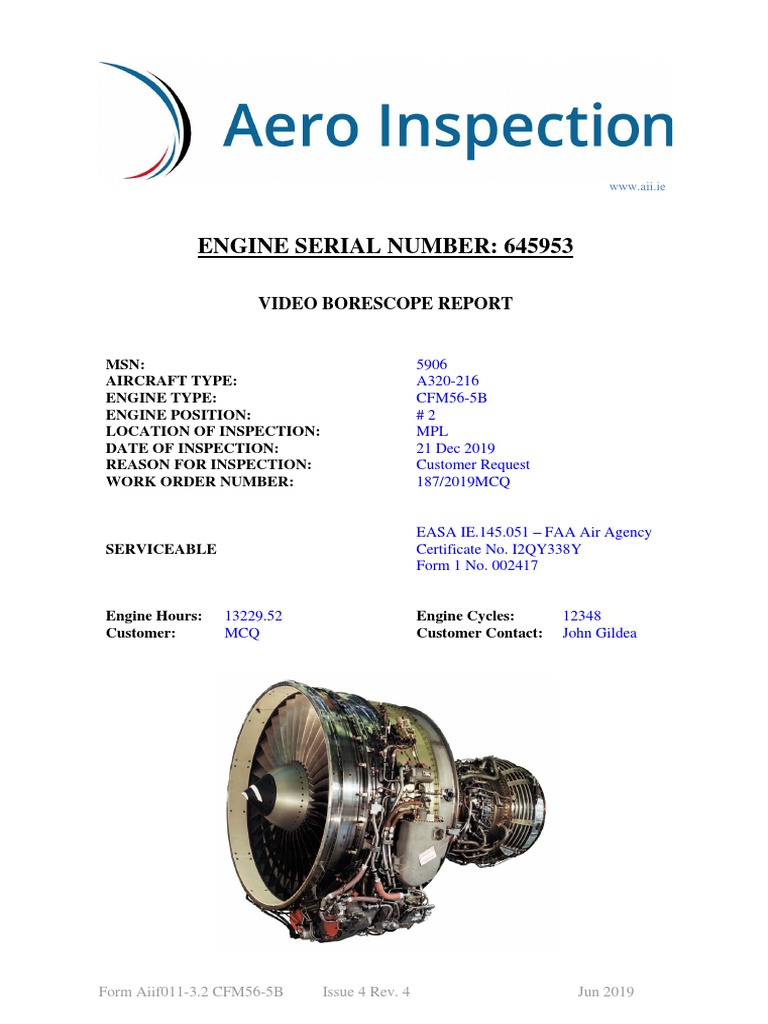 ESN645953 Borescope Inspection Report 20191221 PDF Aviation Mechanical Engineering