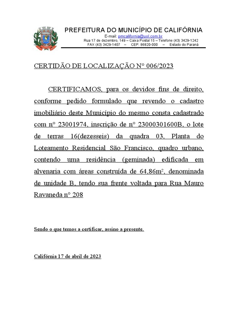 CERTIDÃO DE LOCALIZAÇÃO | PDF