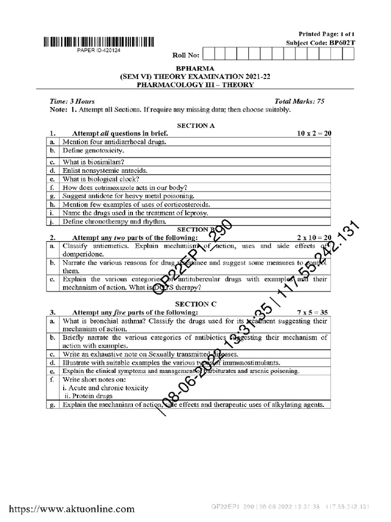 Bpharm 6 Sem Pharmacology 3 bp602t 2022 | PDF