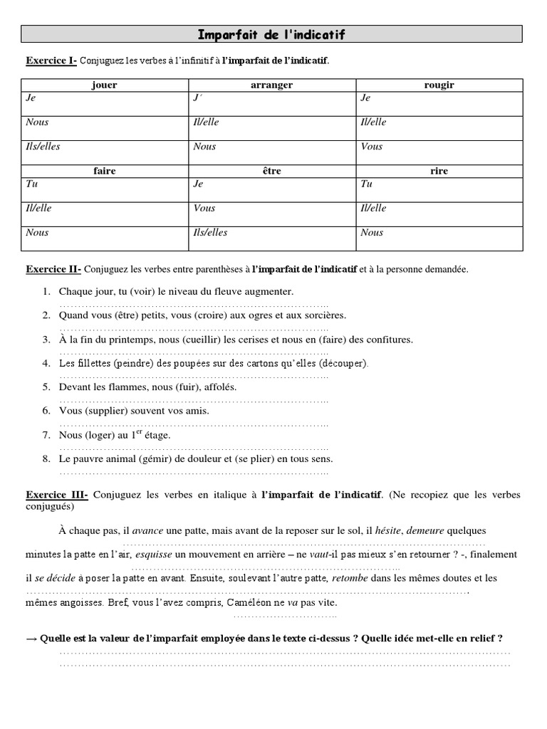 Exercices Imparfait Indicatif | PDF