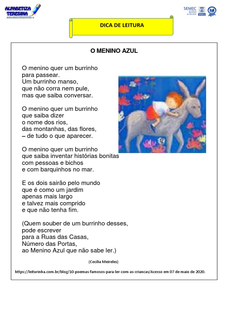 Poema "O Menino Azul" de Cecília Meireles | PDF