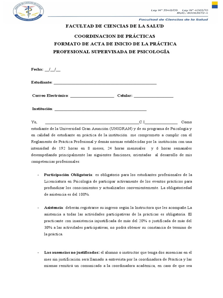Acta de Inicio de Práctica Profesional | PDF