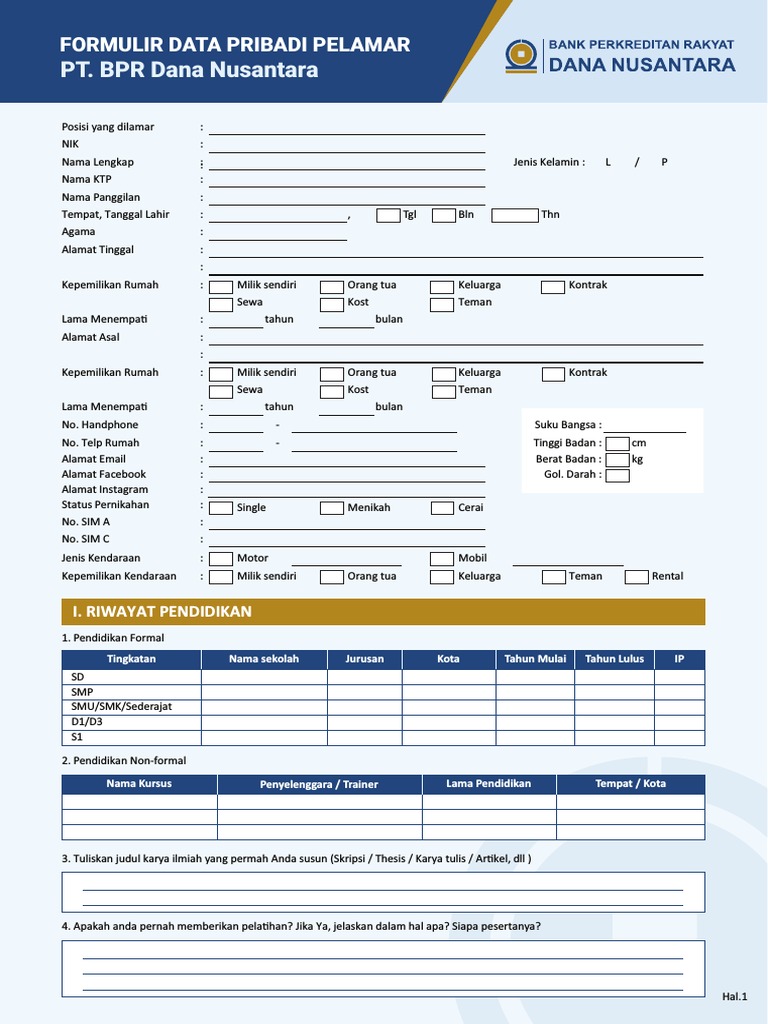 Formulir Data Pribadi Pelamar BPR | PDF
