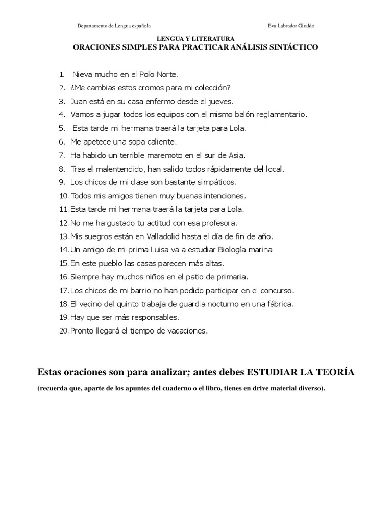 Copia De Listado Oraciones Análisis Sintáctico Simples Pdf