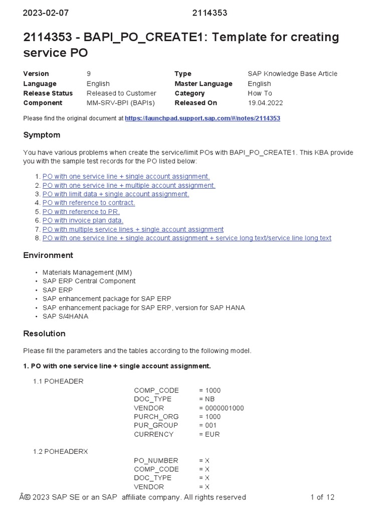 Creating Service POs with BAPI_PO_CREATE1 | PDF | Information ...