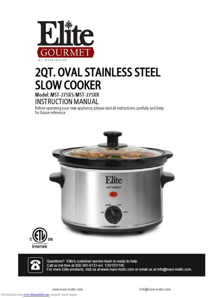 Elite Gourmet Oval Stainless Slow Cooker PDF Slow Cooker Cooking