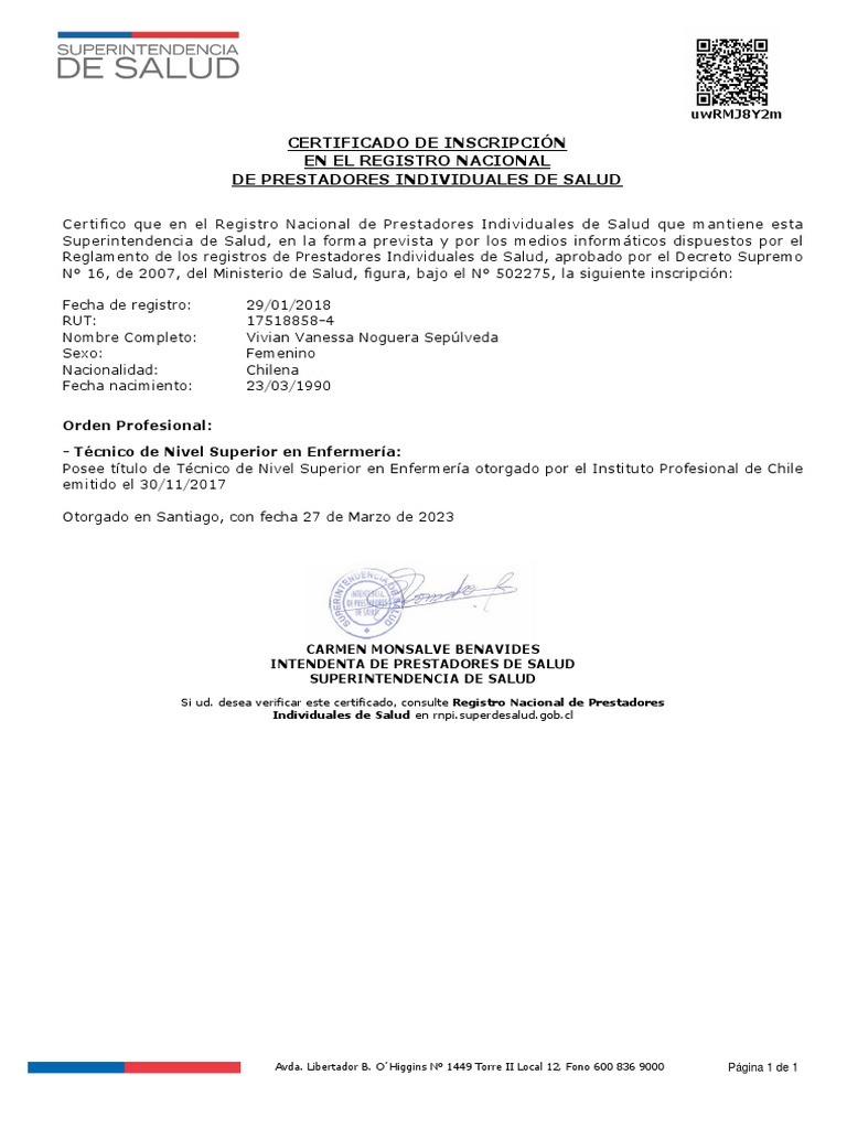 Certificado de inscripci n en el registro nacional de prestadores