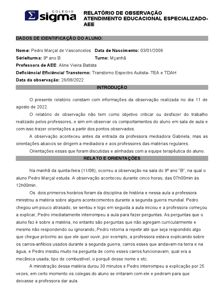 Modelo Relatório de Observação | PDF | Educação Especial