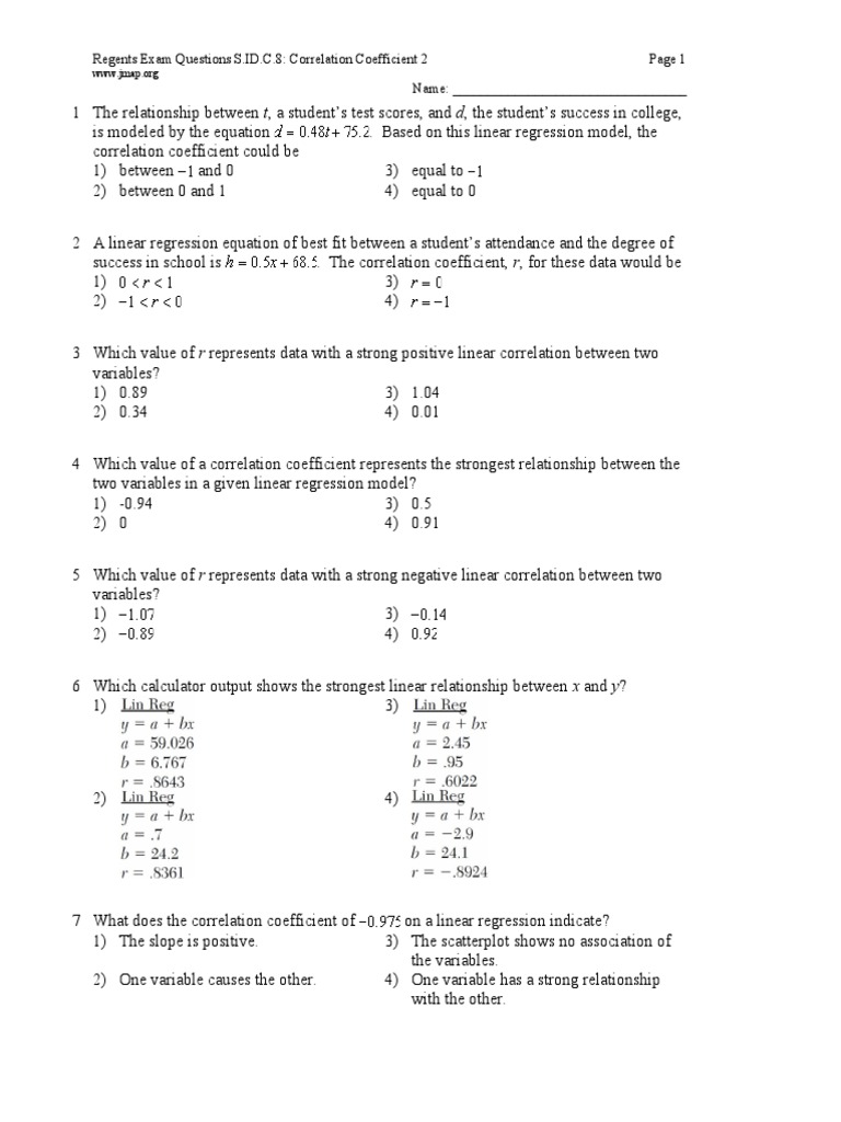 Correlation Coefficient Exam Questions | PDF