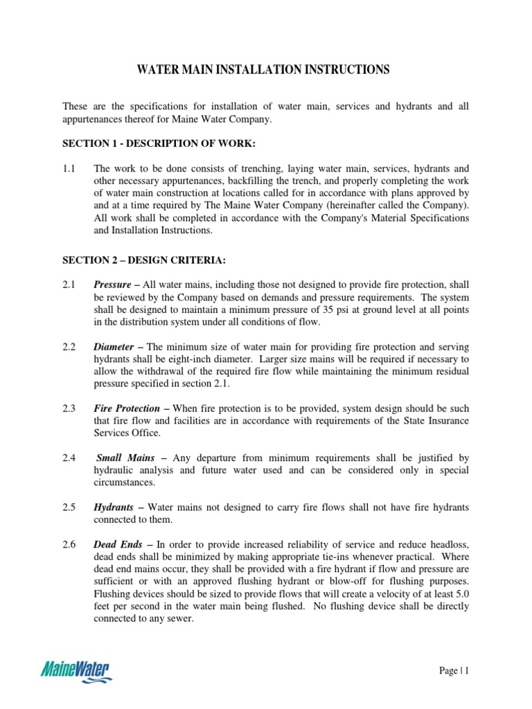 Water Main Installation Instructions 2017 01 09 PDF Pipe (Fluid