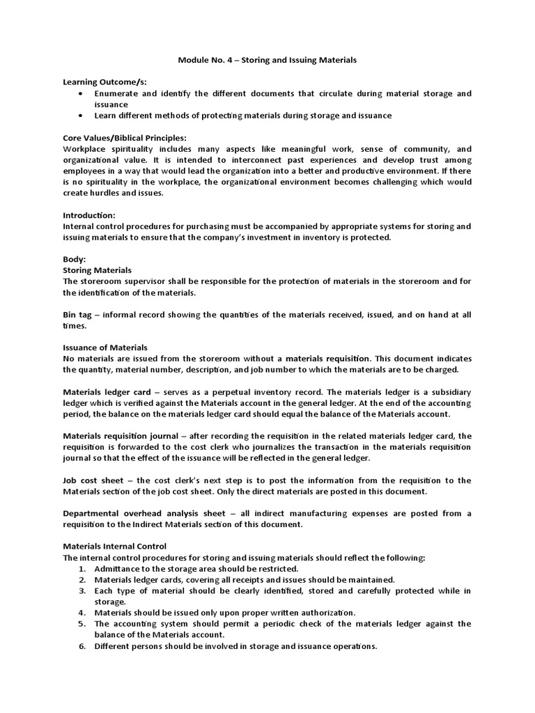 Materials Storage and Issuance Procedures | PDF | Debits And Credits ...