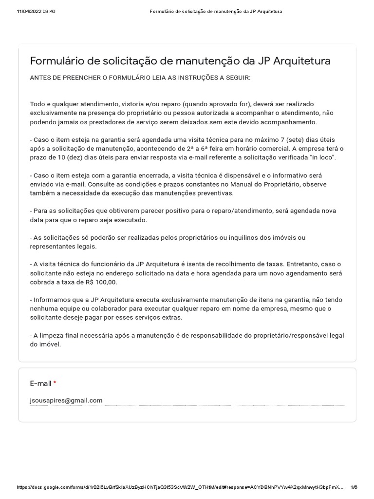 Formul rio de solicita o de manuten o da jp arquitetura formul rios