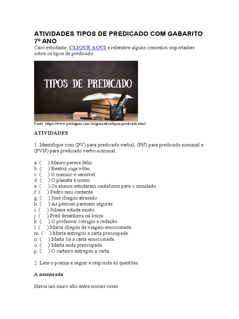 Exercicios Tipos De Predicado Com Gabarito