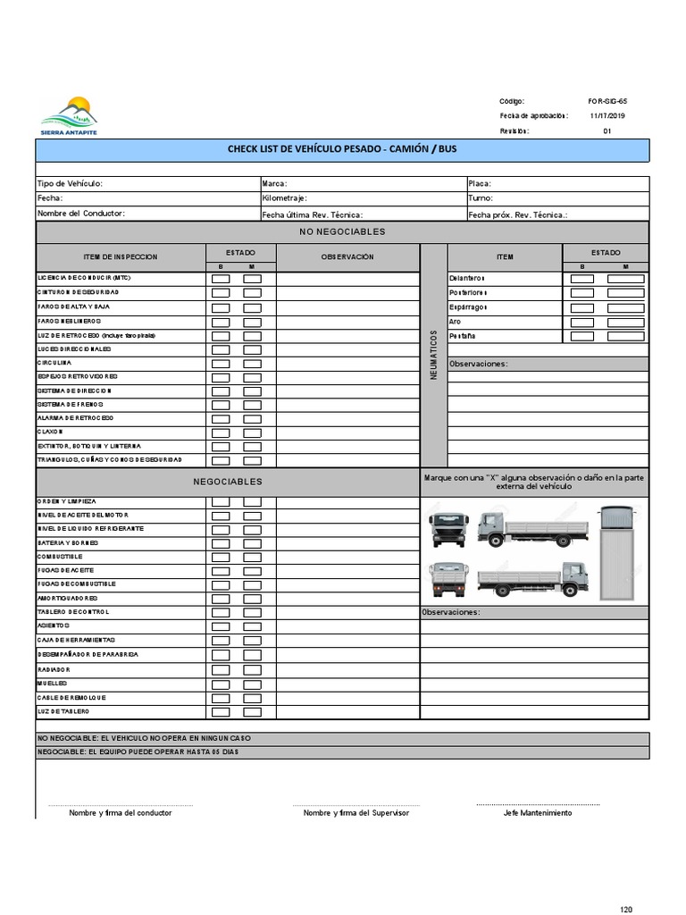FOR-SIG-65 Check List Vehículo Pesado - Camión Rev 01 | PDF | Camión ...