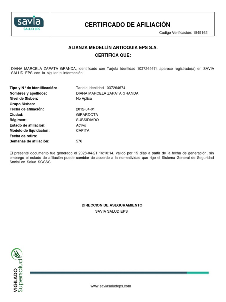 Diana Marcela Zapata Certificado Savia PDF
