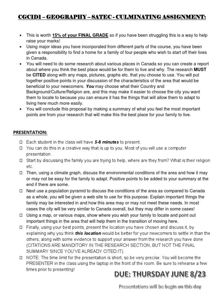 Culminating assignment 2022 23 cgc1d1 geography grade 9 final version