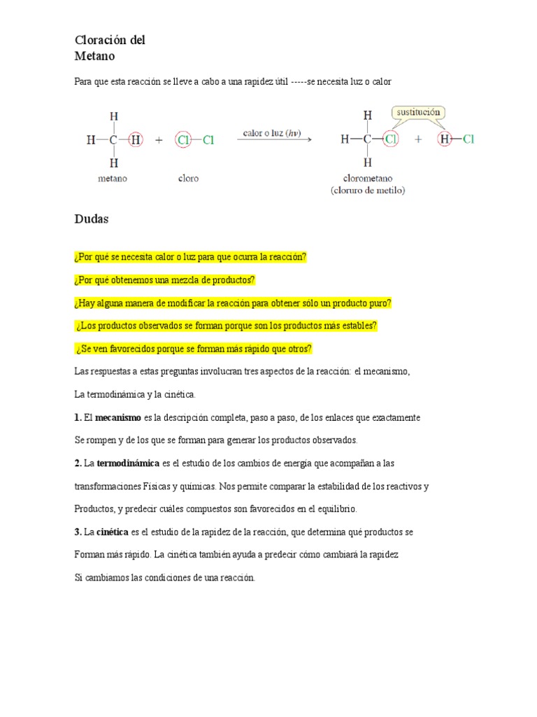 Cloración del Metano: Mecanismos y Dinámica | PDF | Radical (Química ...