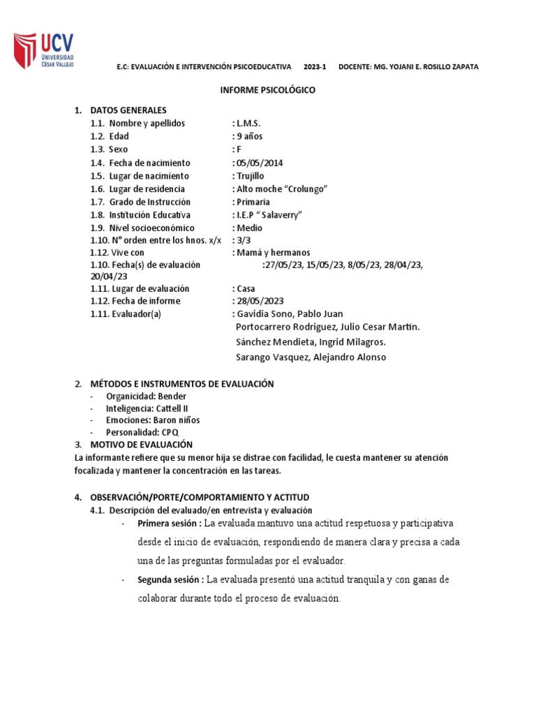 Informe de Evaluación Psicológica Infantil | PDF | Evaluación | Las ...