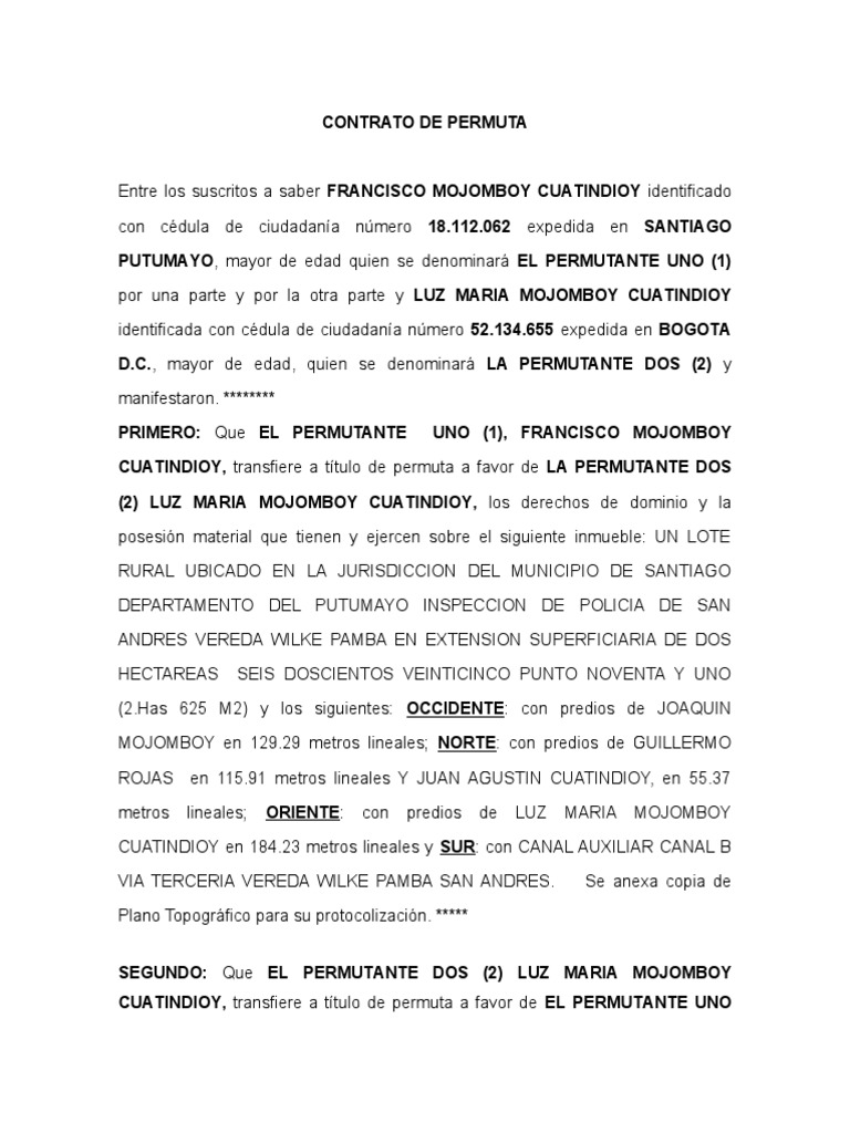Contrato de Permuta de Inmuebles en Putumayo | PDF