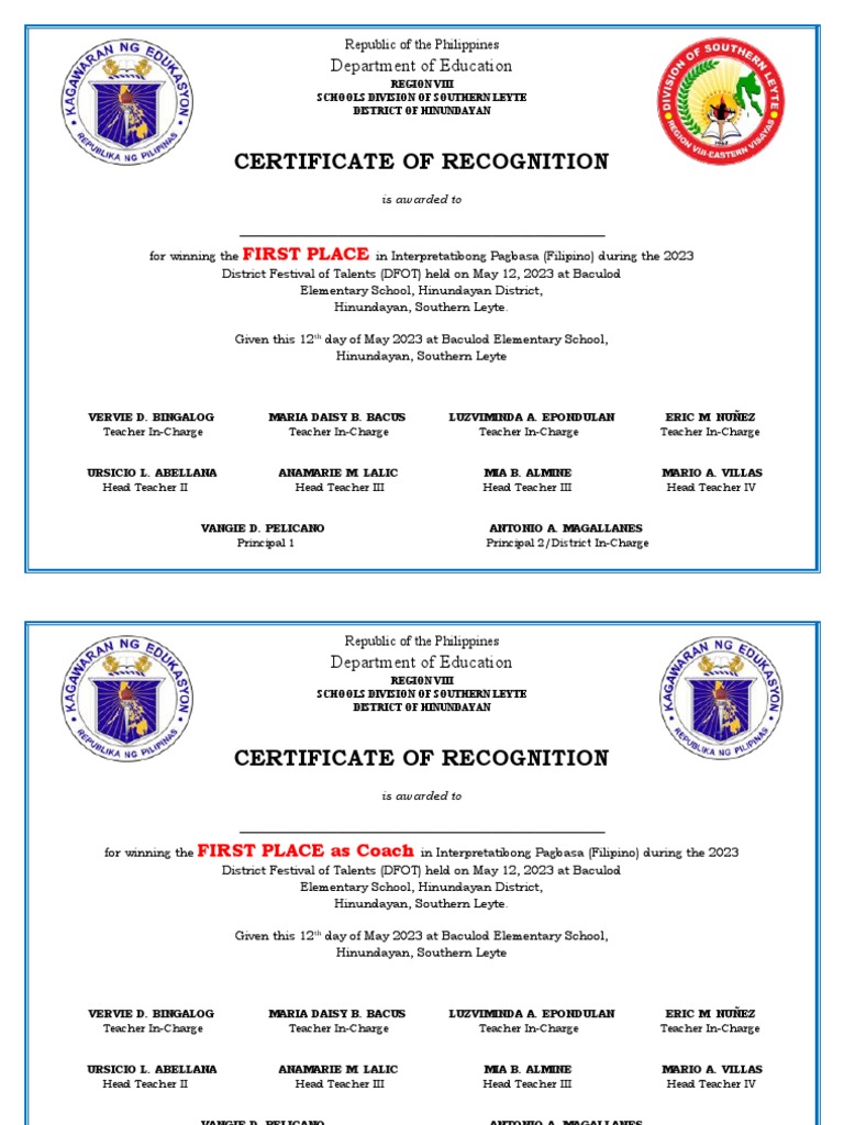 Certificate of Recognition Interpretatibong Pagbasa (Filipino) PDF