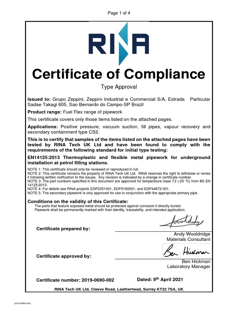 Grupo Zeppini Compliance Certificate | PDF | Pipe (Fluid Conveyance ...