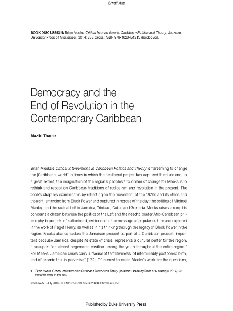 Democracy and The End of Revolution in The Contemporary Caribbean Thame