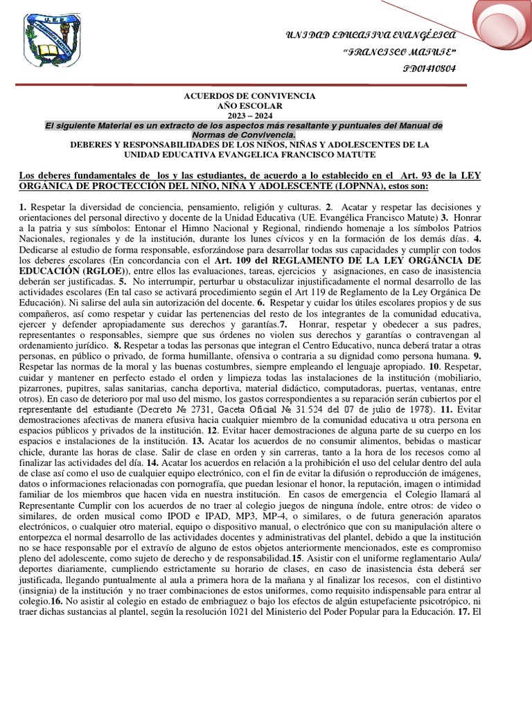 Normas de Convivencia Escolar 2023-2024 | PDF | Salón de clases