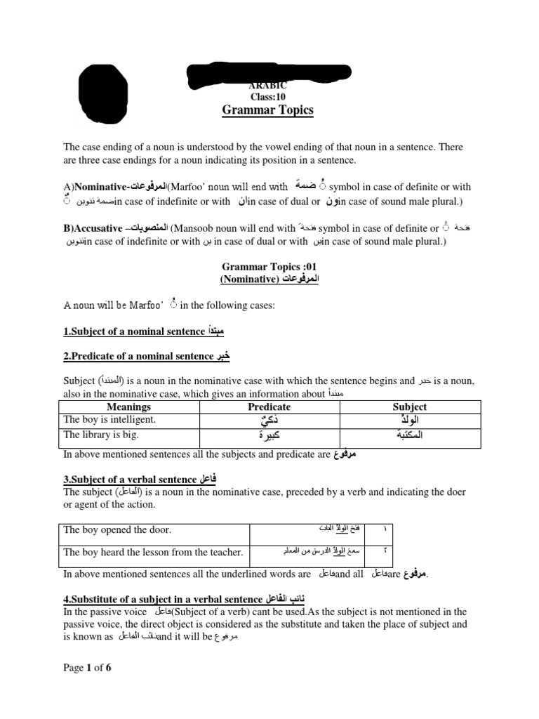 Class 10 Arabic Grammar Notes | PDF | Subject (Grammar) | Verb