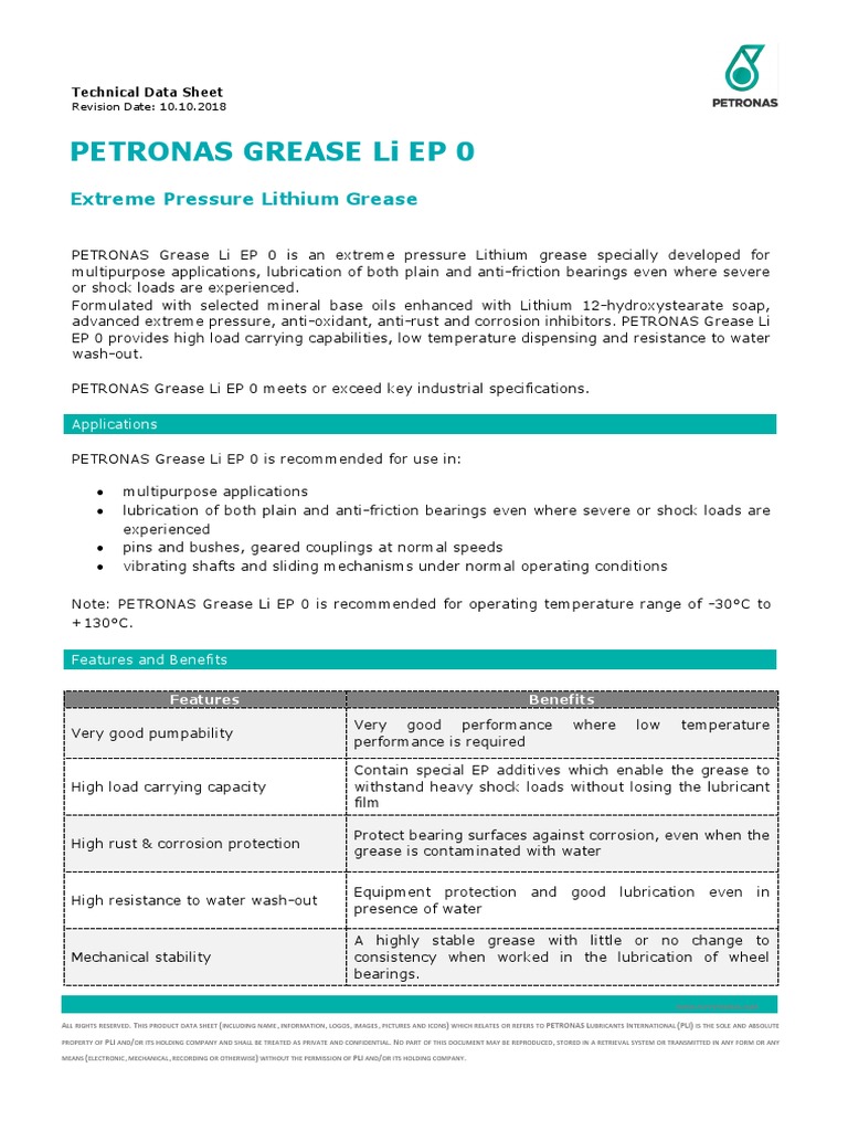 Petronas Grease Li EP 0 Data Sheet | PDF | Lubricant | Mechanical ...