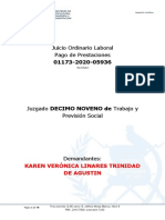 Juicio Ordinario Laboral Pago de Prestaciones: Karen Verónica Linares Trinidad de Agustin